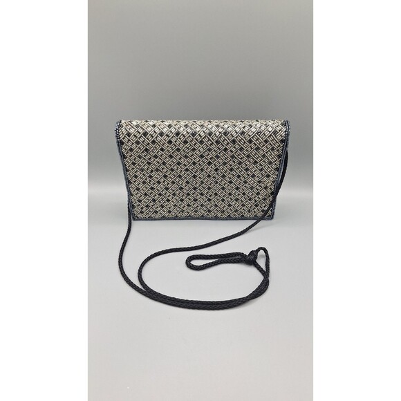 BLACK EVENING BAG - BECHAMEL - SILVER BEADED SATIN - WITH SHOULDER STRAP - Picture 4 of 6